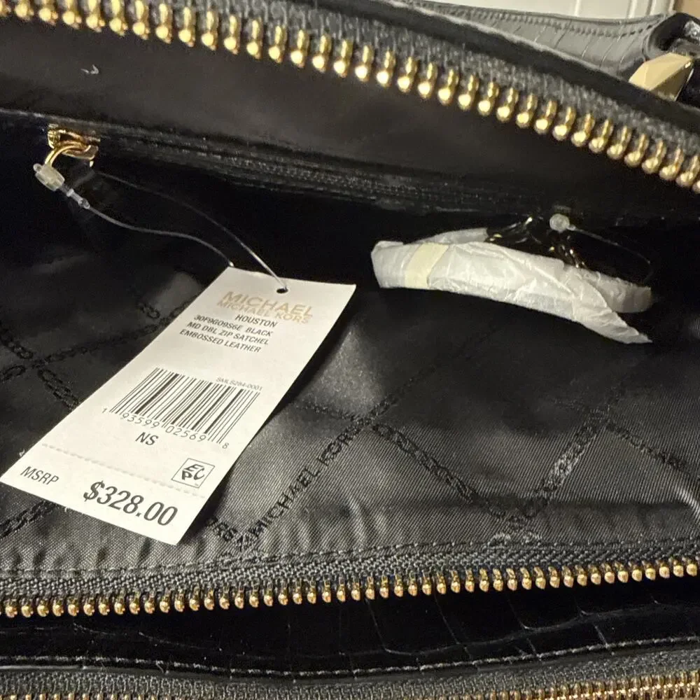 Michael Kors Houston Croc Embossed Double Zip Black Leather Satchel